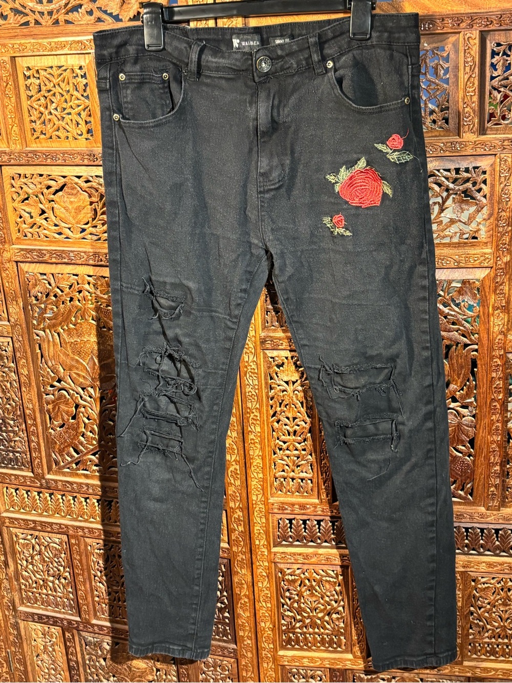 Waimea Women's Black Skinny Jeans with Red Rose Embroidery